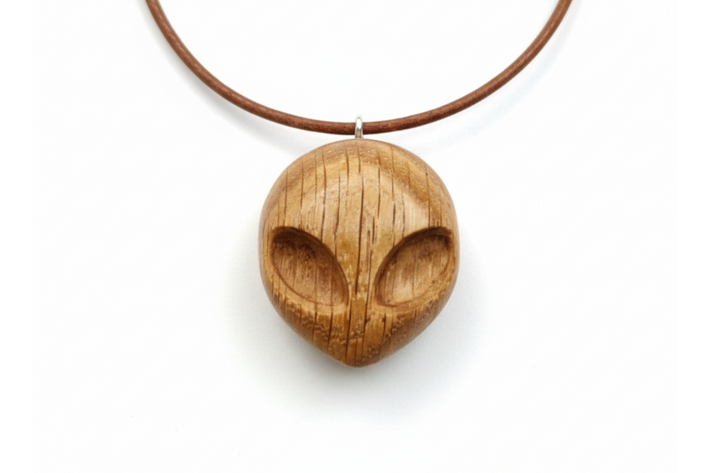 Alien pendant carved from dark oak wood 