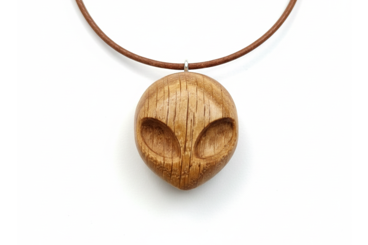 Alien pendant carved from dark oak wood 