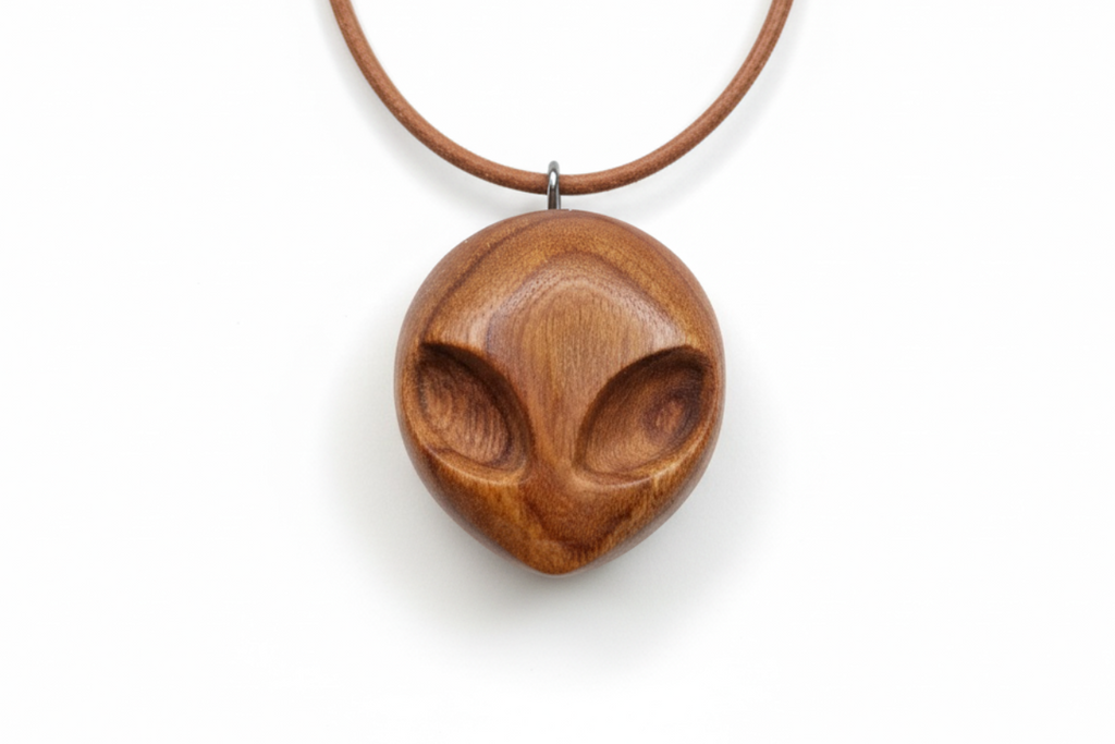 Alien pendant carved from elm wood - flat lay product photo on white background