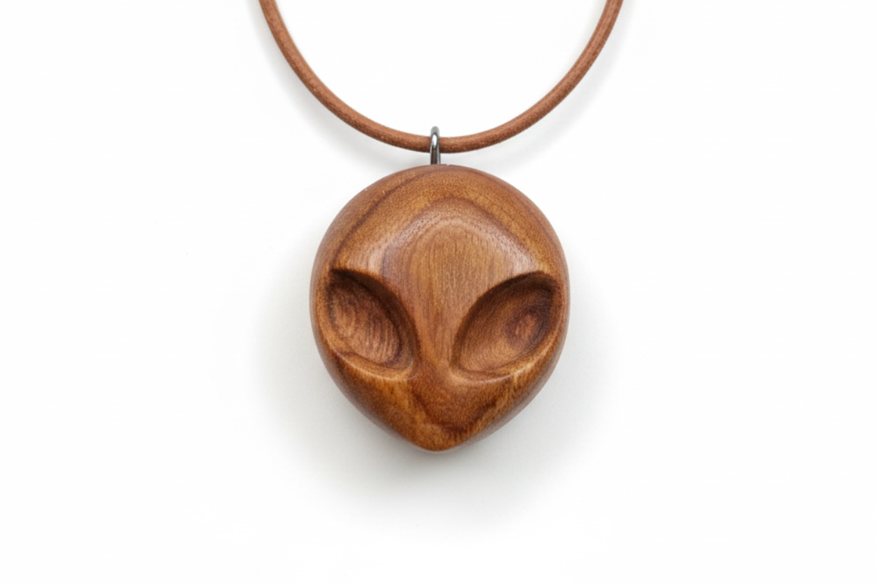 Alien pendant carved from elm wood - flat lay product photo on white background