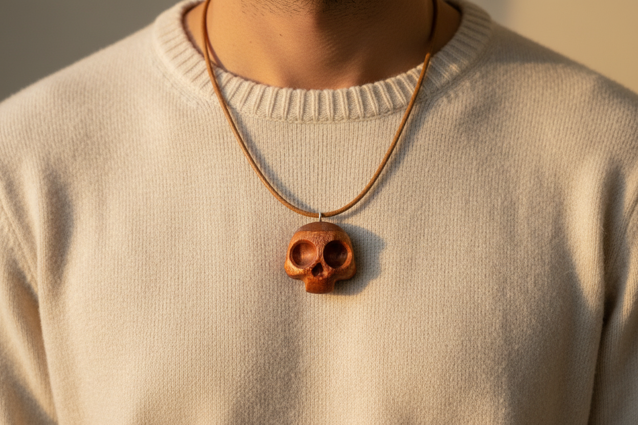 Carved skull pendant in red oak wood on male model wearing cream cashmere sweater