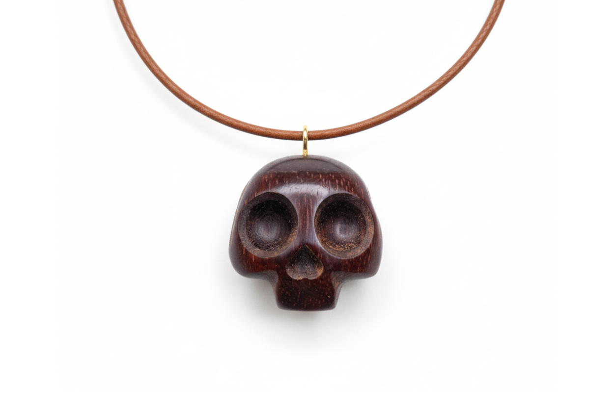 Close-up of carved wengé wood skull pendant showing natural wood grain and polished finish