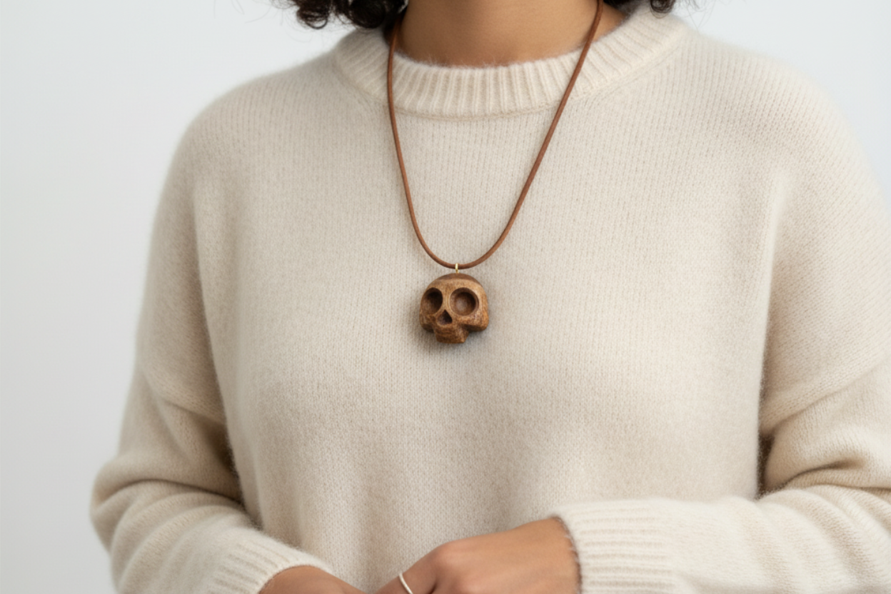Dark walnut wood skull pendant worn by model in cream sweater showing size and styling