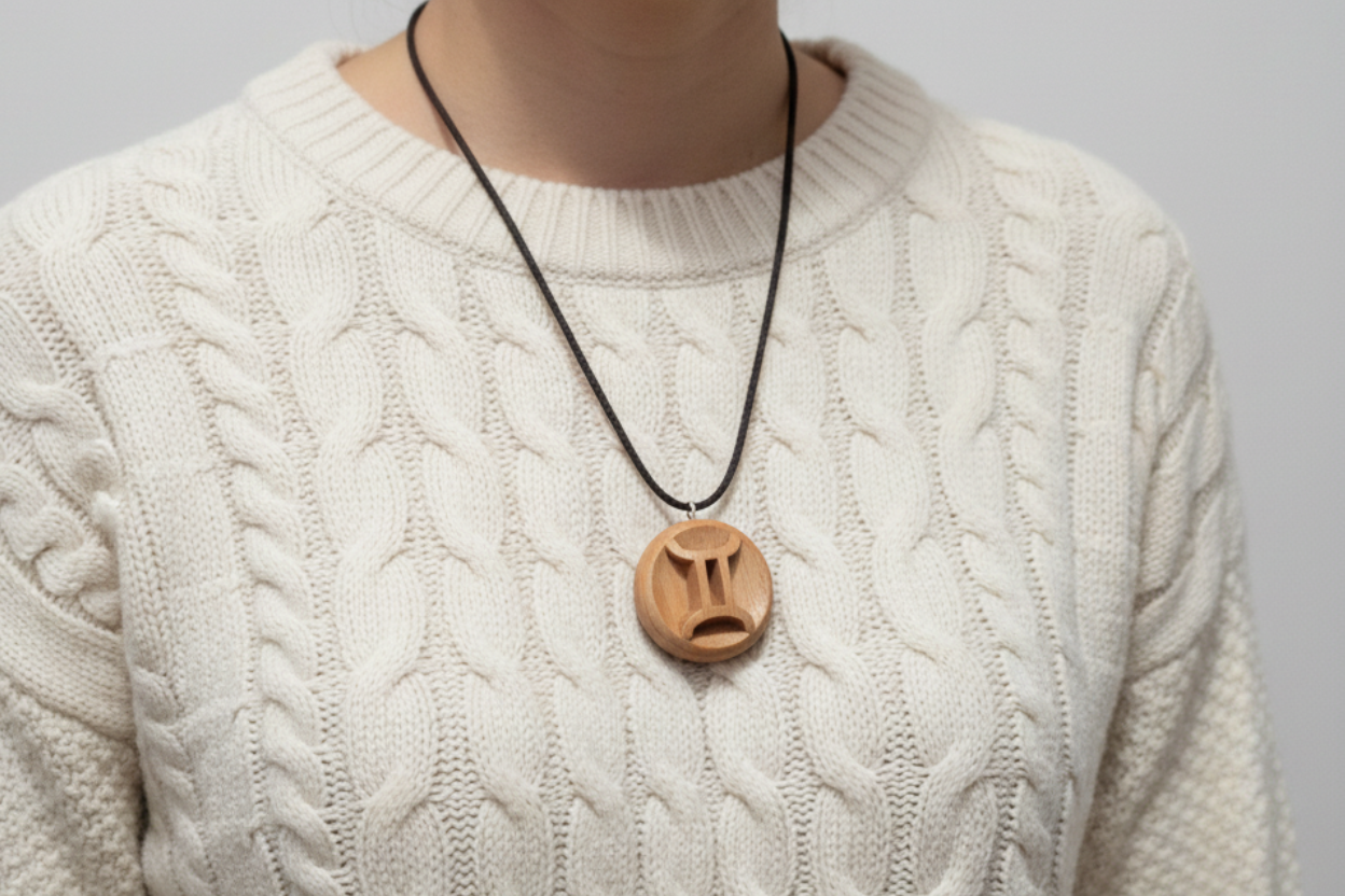 Gemini pendant in beech wood worn on model with cream sweater
