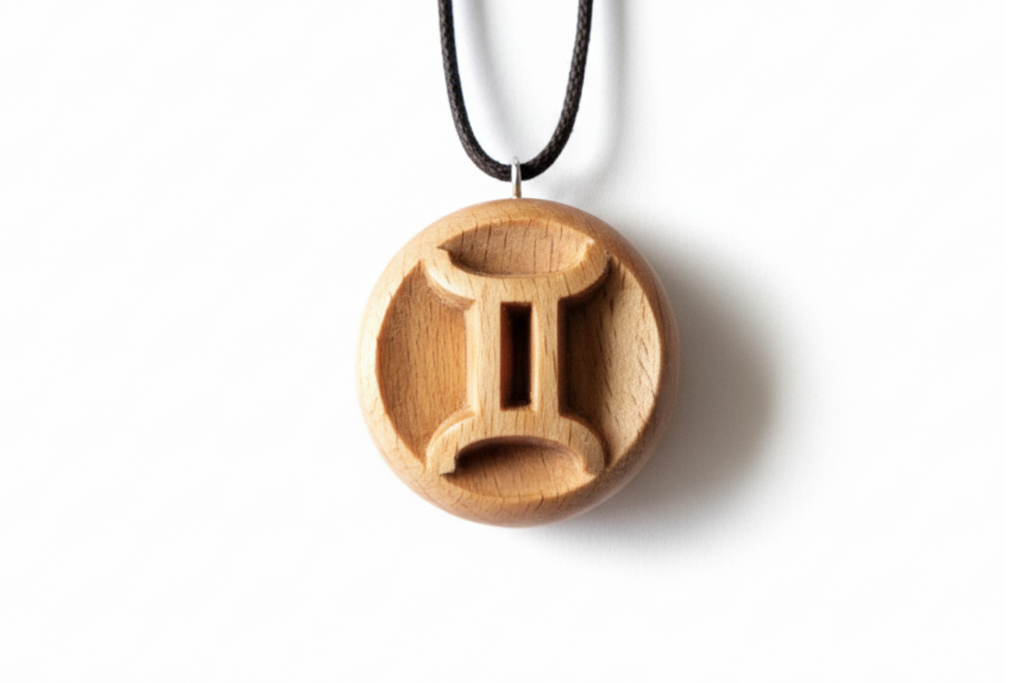 Handcrafted Gemini zodiac pendant in beech wood with natural tung oil finish