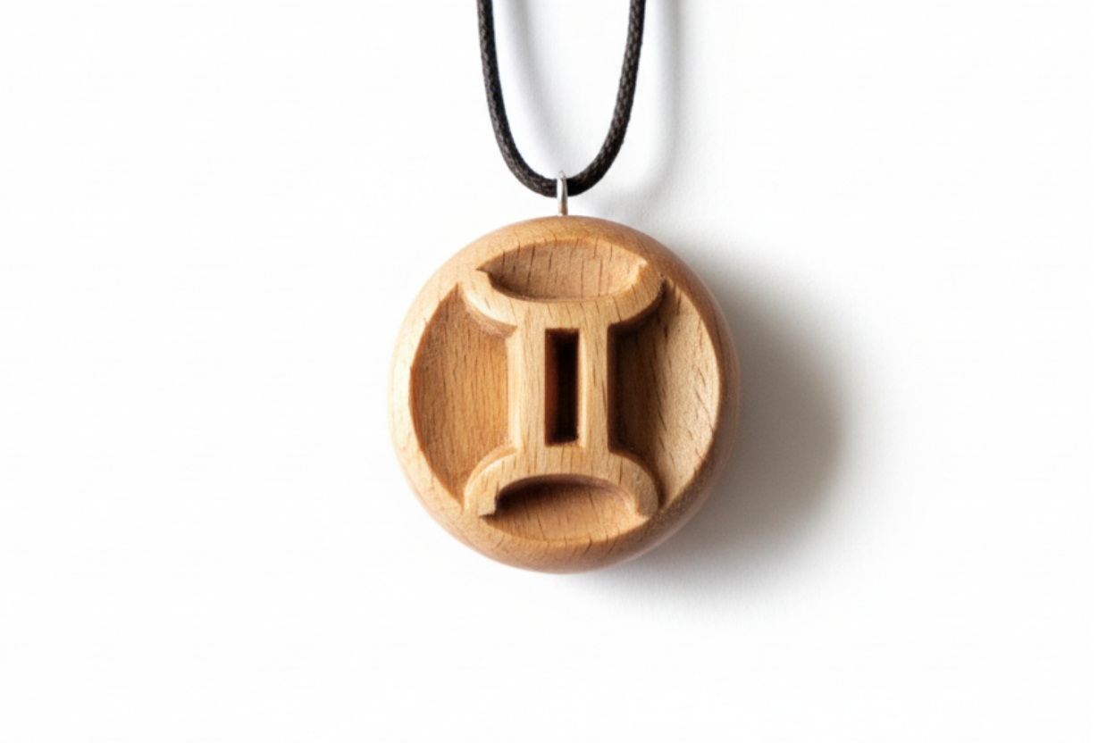 Handcrafted Gemini zodiac pendant in beech wood with natural tung oil finish