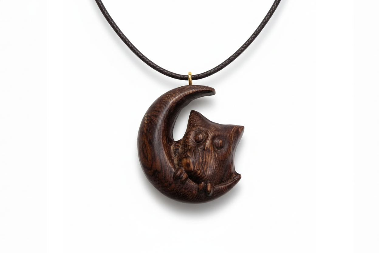 Handcrafted Moon Owl Talisman in wengé wood