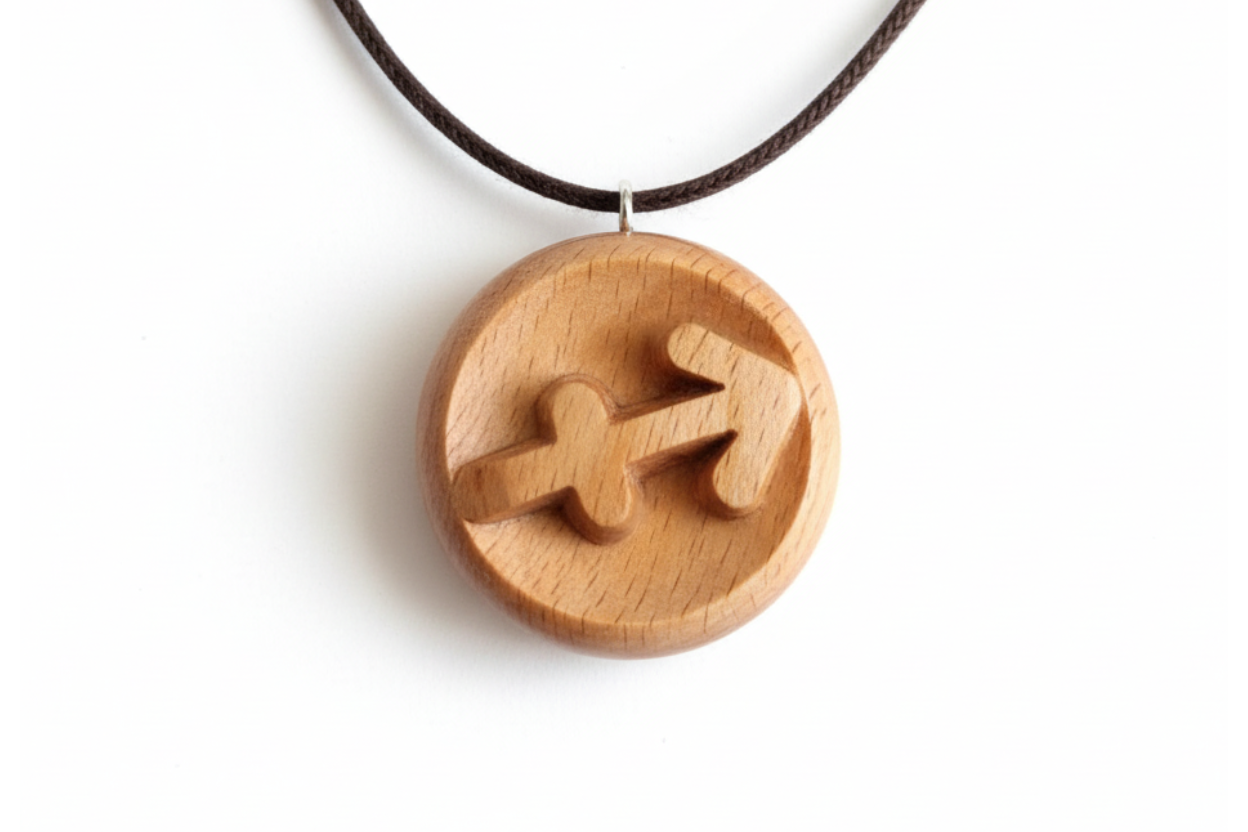 Handcrafted Sagittarius zodiac pendant in beech wood with natural tung oil finish