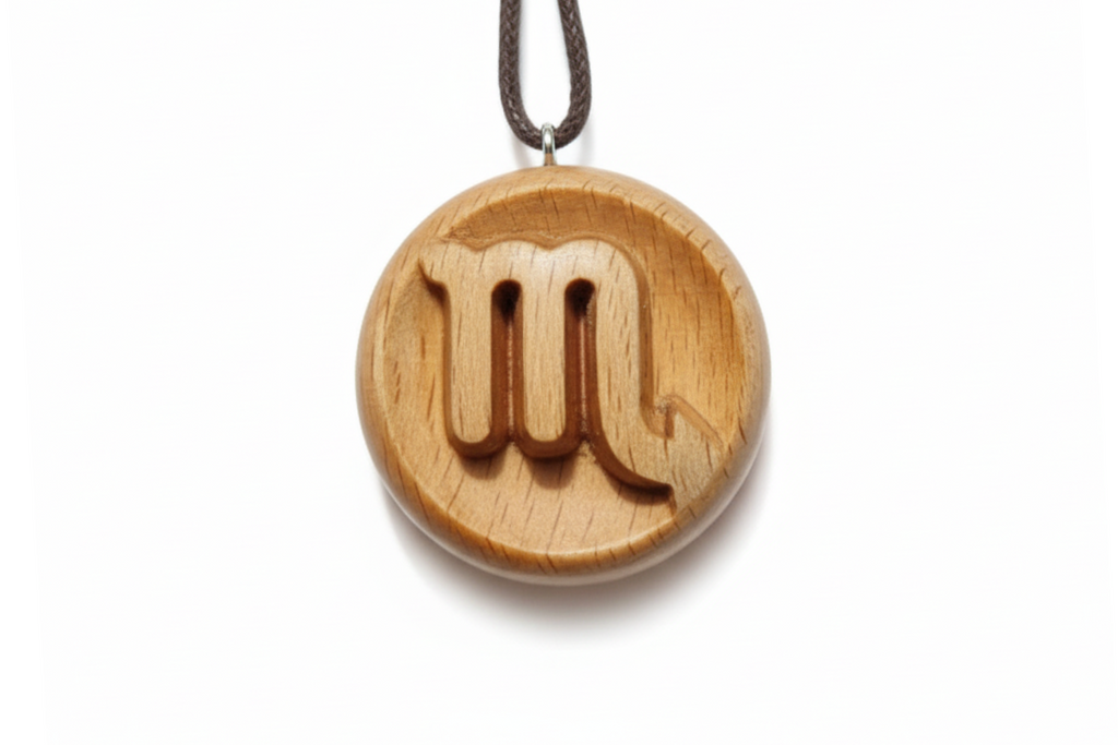Handcrafted Scorpio zodiac pendant in beech wood with carved scorpion symbol