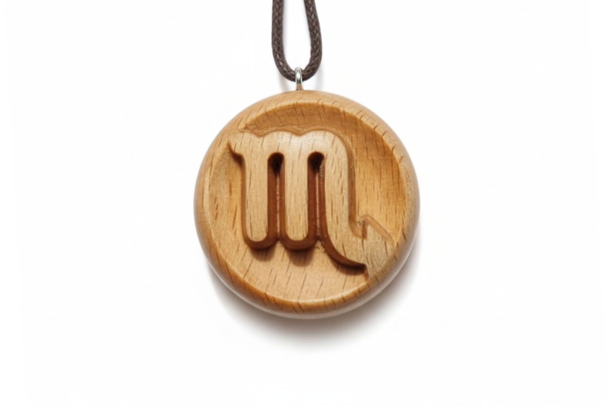 Handcrafted Scorpio zodiac pendant in beech wood with carved scorpion symbol