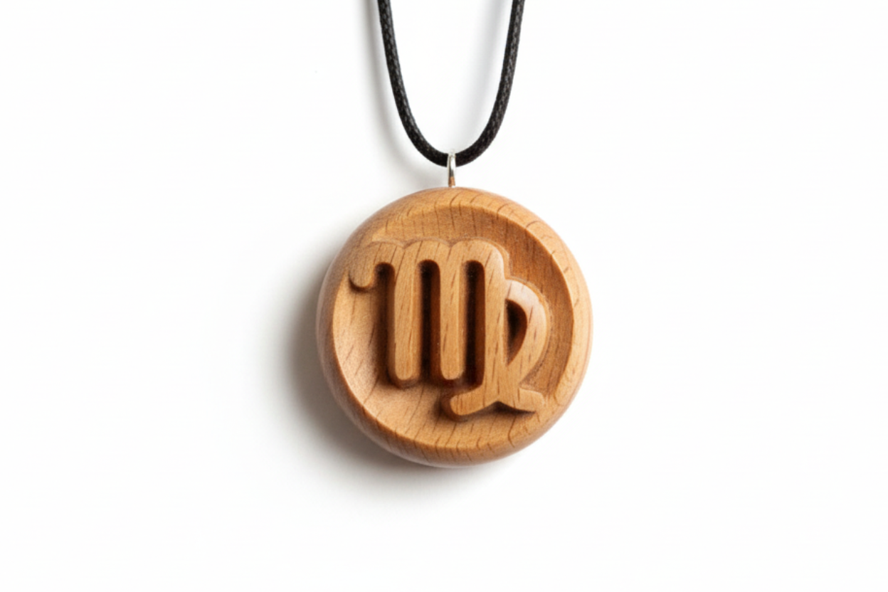 Handcrafted Virgo zodiac pendant in beech wood with natural tung oil finish