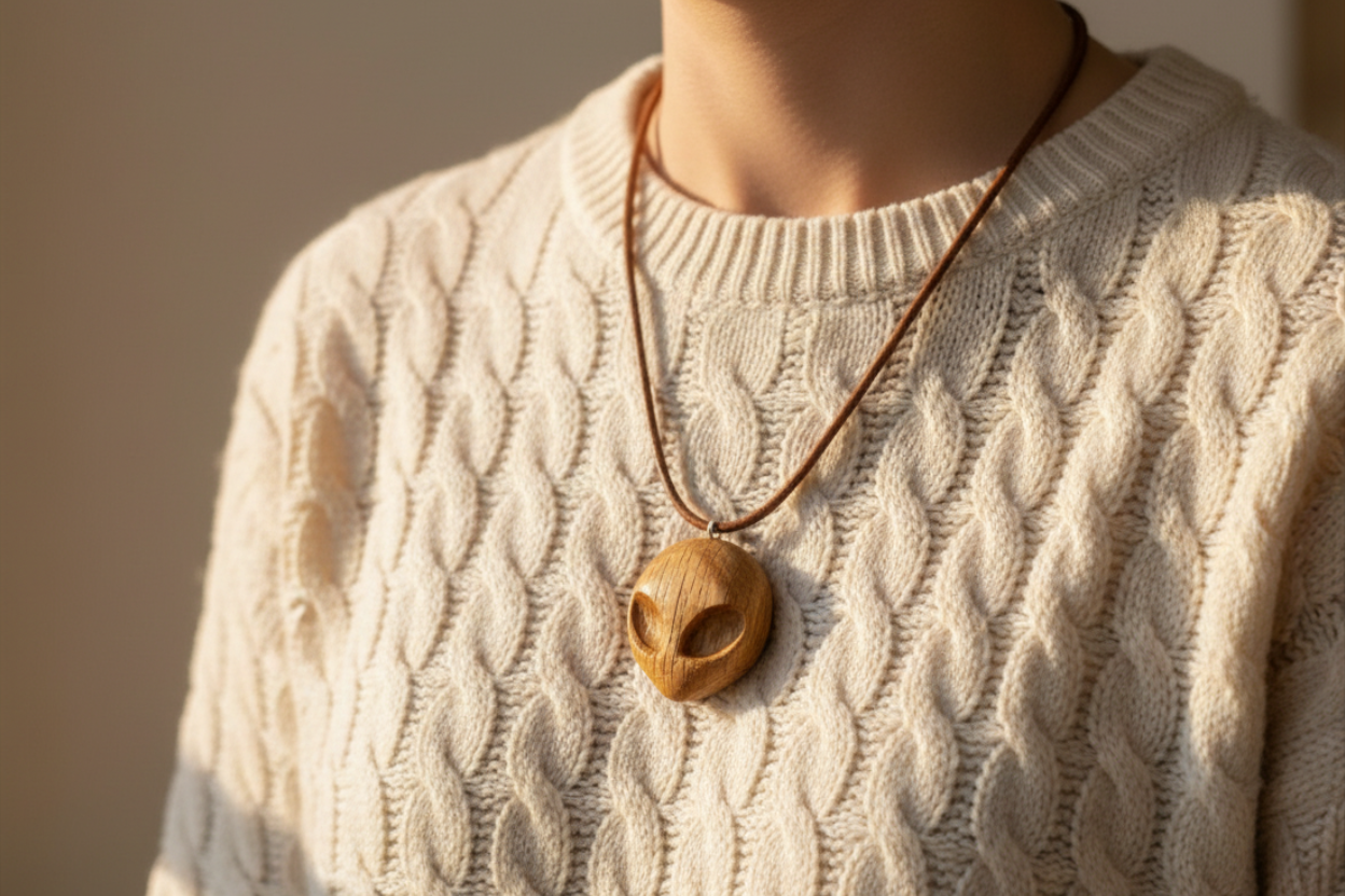 Handcrafted alien pendant in dark oak wood worn on cream sweater