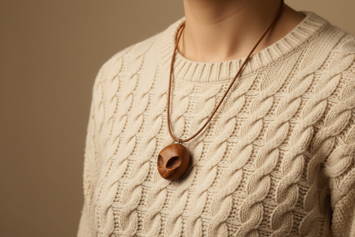 Handcrafted alien pendant in elm wood worn on cream sweater - lifestyle photo