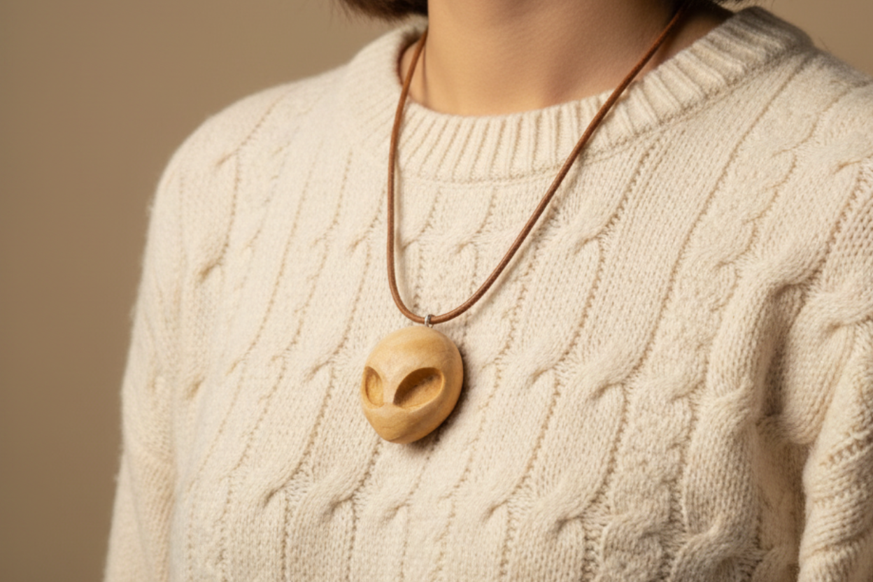 Handcrafted alien pendant in silver maple wood worn on cream sweater 