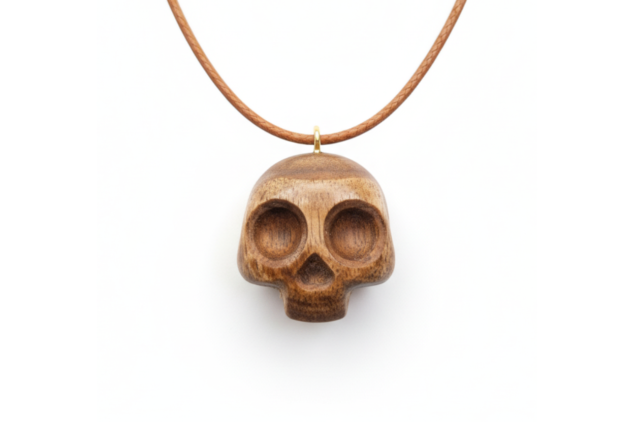 Handcrafted dark walnut wood skull pendant on leather cord against white background