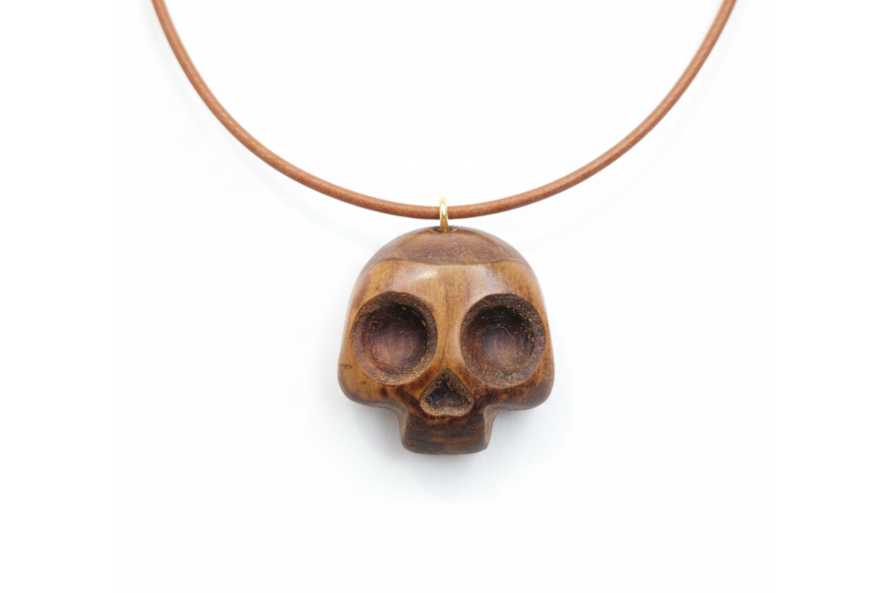 Handcrafted tulipwood skull pendant with vibrant pink and orange streaks on leather cord against white background