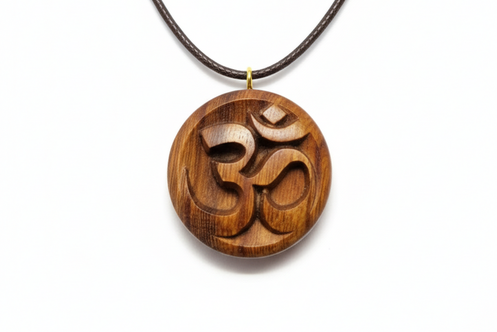 Handcrafted wengé wood Om symbol pendant with carved sacred symbol