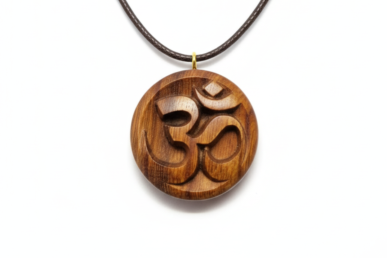 Handcrafted wengé wood Om symbol pendant with carved sacred symbol