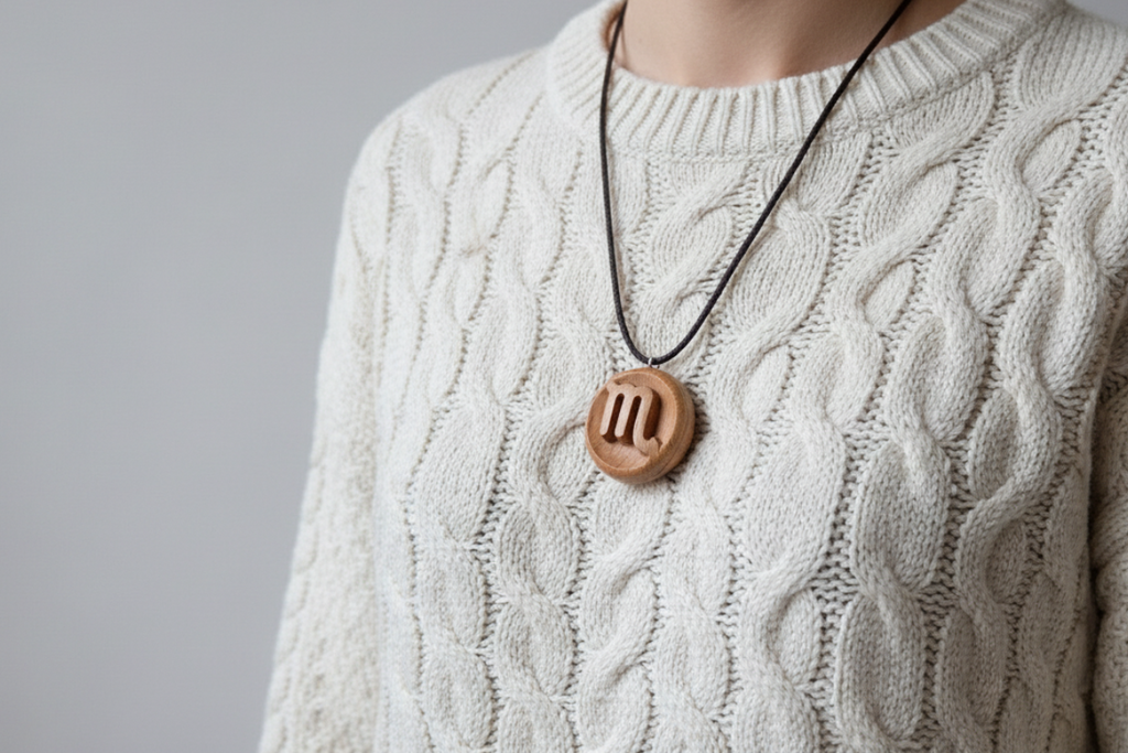 Model wearing handcrafted Scorpio beech wood pendant necklace with carved scorpion zodiac symbol