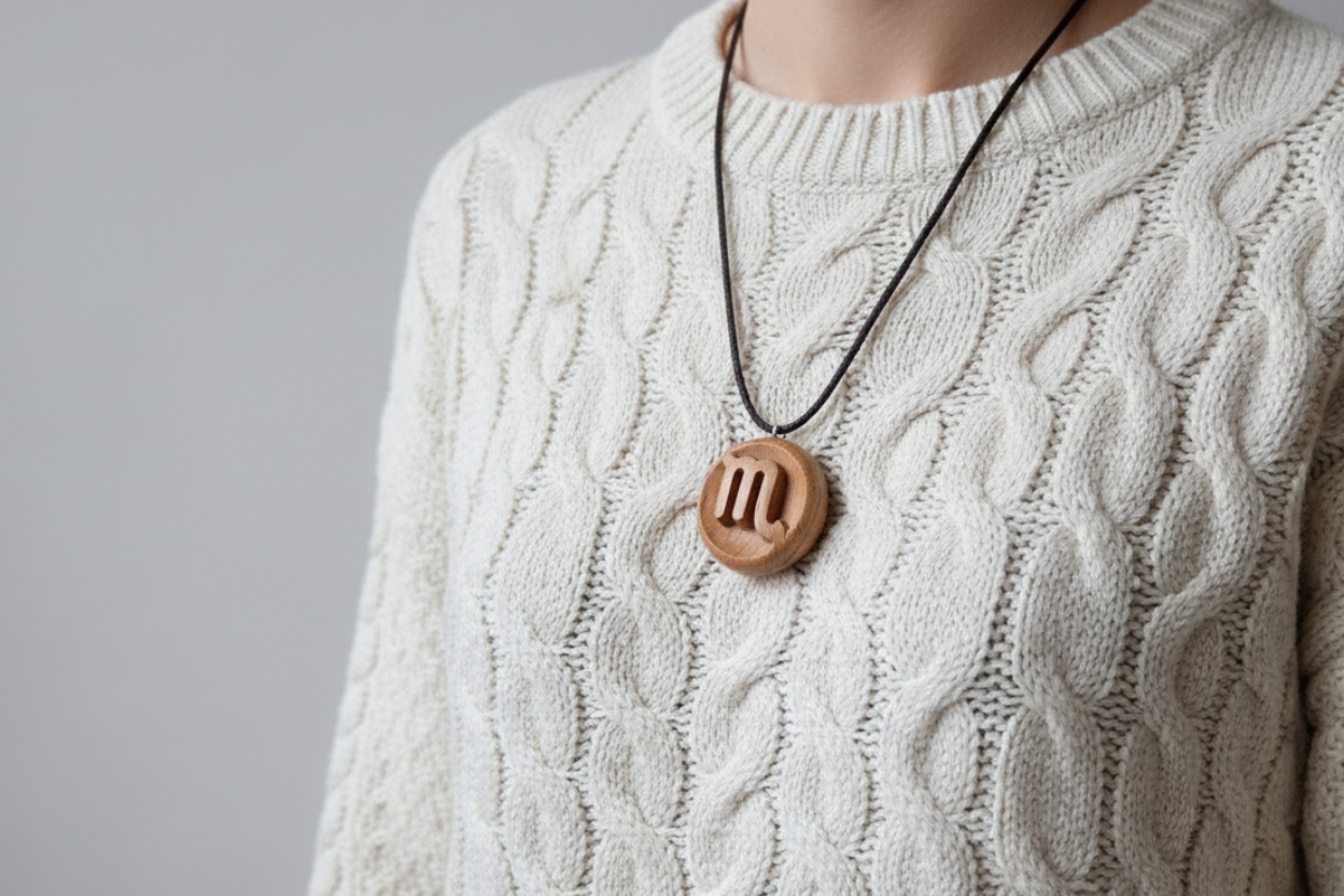 Model wearing handcrafted Scorpio beech wood pendant necklace with carved scorpion zodiac symbol