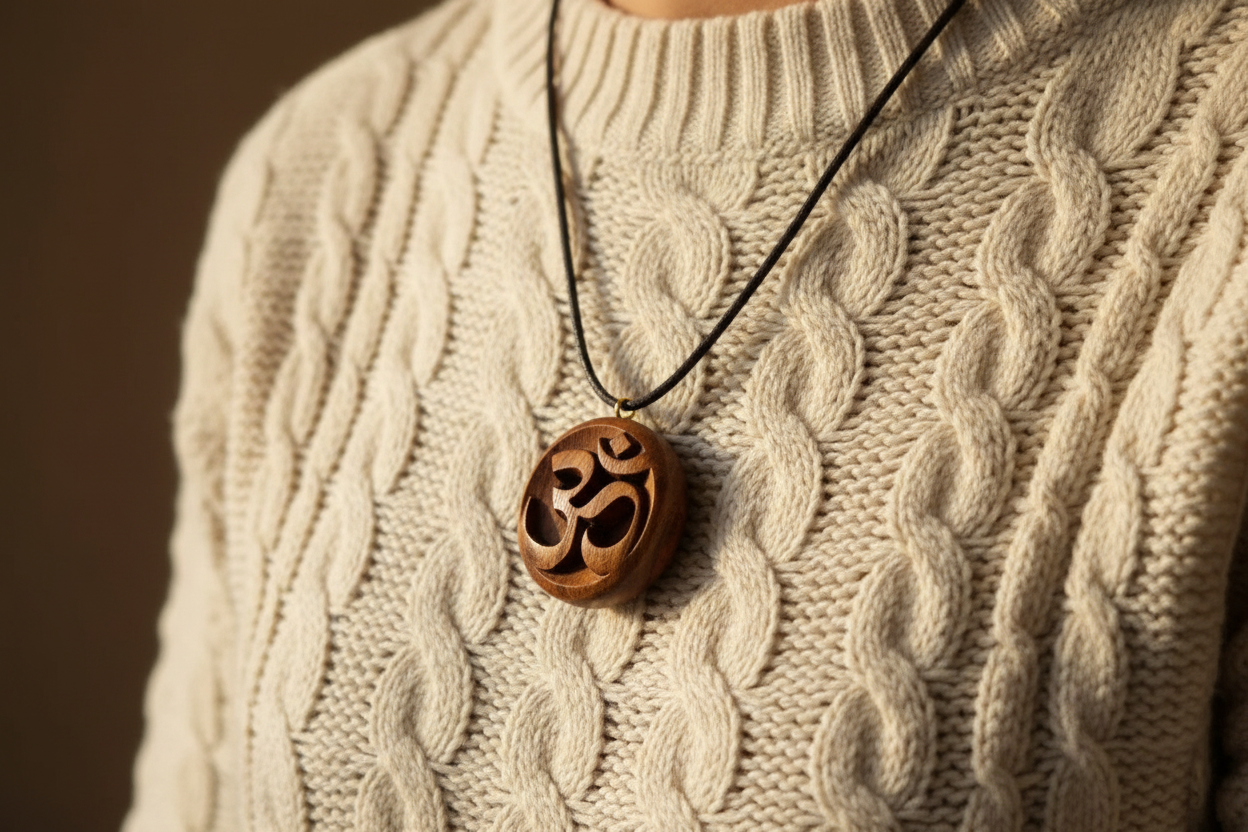 Model wearing handcrafted wengé wood Om pendant necklace on cream sweater