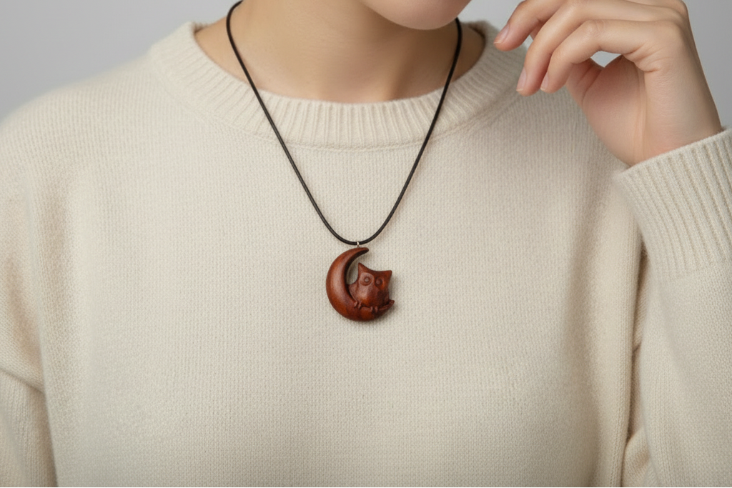 Moon owl pendant in black cherry wood worn on model with cream sweater