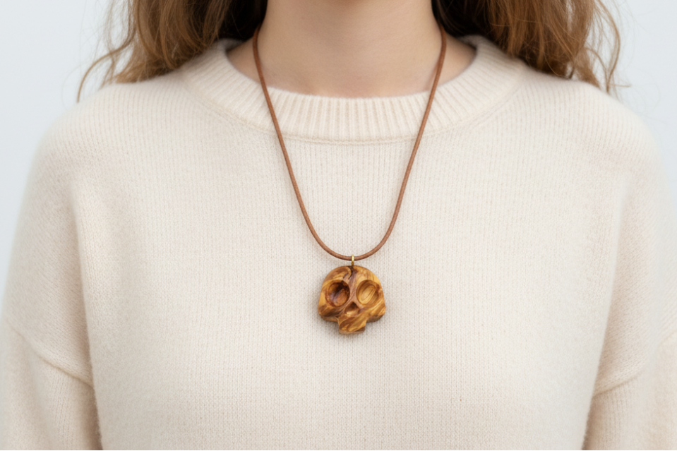 Olive wood skull pendant worn by model in cream sweater highlighting the warm golden wood grain