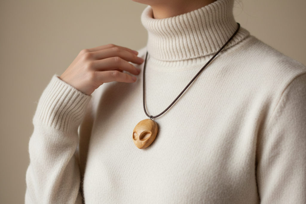 Person wearing handcrafted wooden alien pendant on cashmere sweater