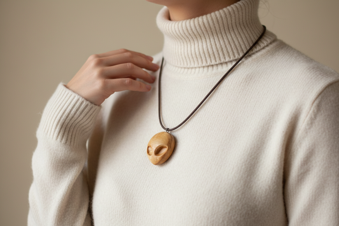 Person wearing handcrafted wooden alien pendant on cashmere sweater