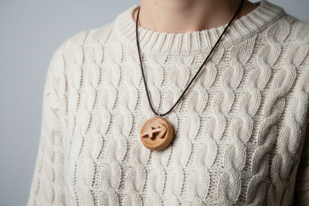 Sagittarius pendant in beech wood worn on model with cream sweater