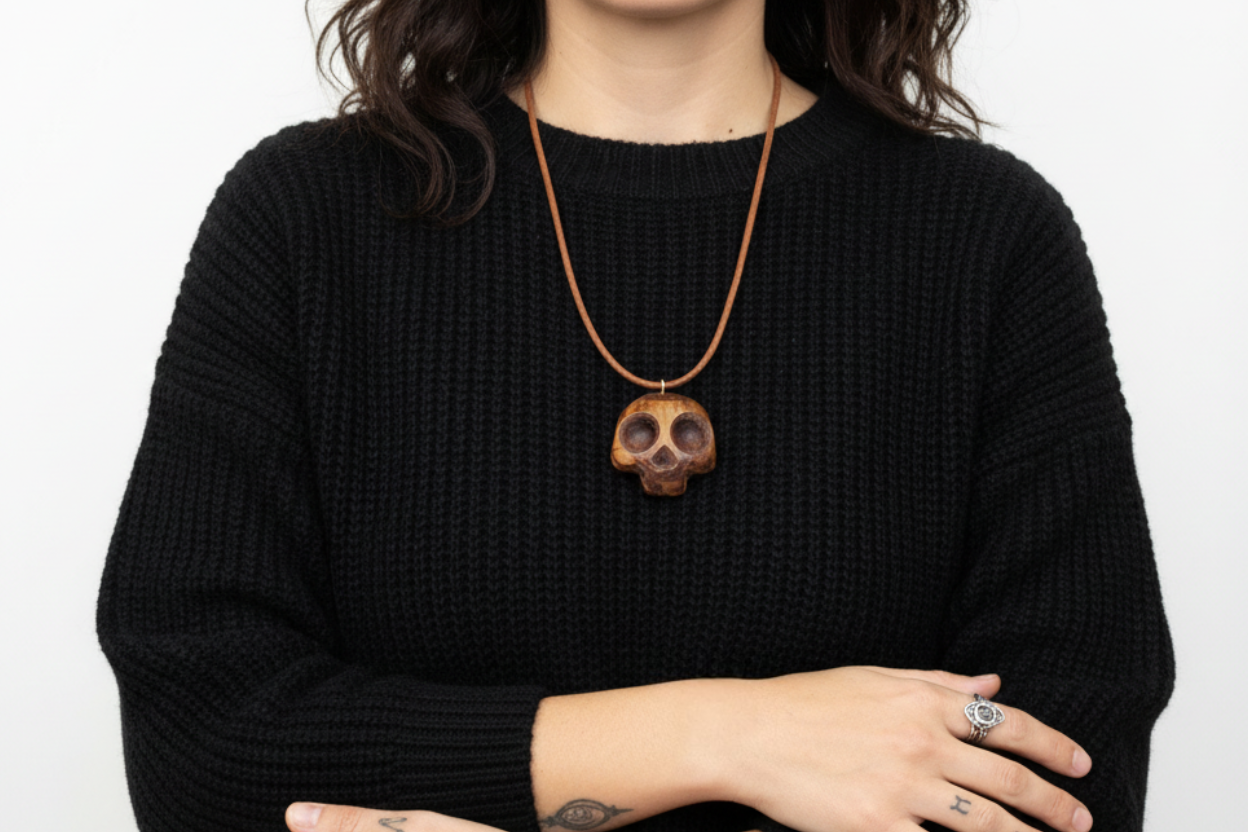 Tulipwood skull pendant worn by model in dark sweater showing vibrant pink and orange wood grain