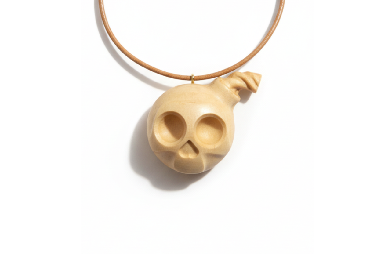 Skull Bomb Pendant — Silver Maple Wood