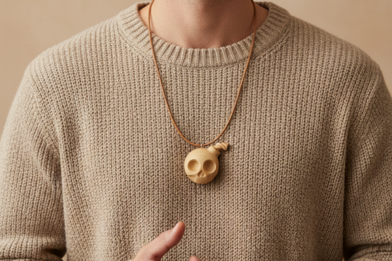 Skull Bomb Pendant — Silver Maple Wood