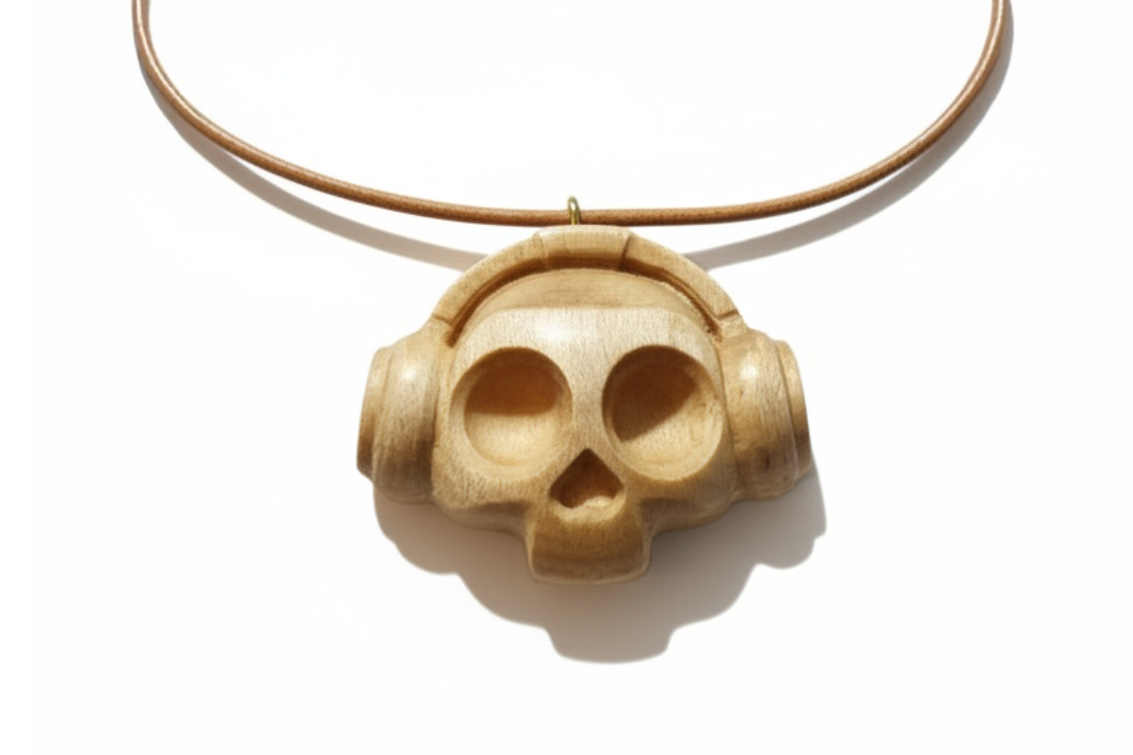 Music Skull Pendant - Silver Maple Wood