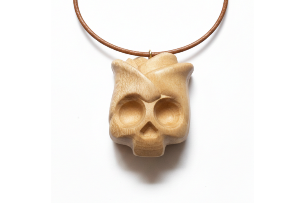 Rose Skull Pendant — Silver Maple Wood