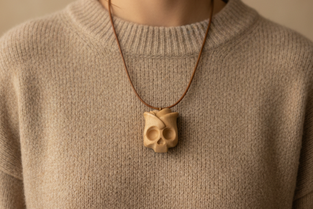 Rose Skull Pendant — Silver Maple Wood