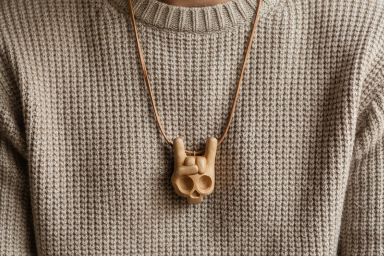 Rock Skull Pendant — Silver Maple Wood