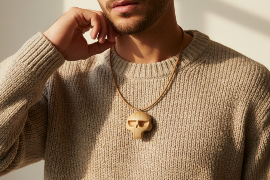 Warrior Skull Pendant — Silver Maple Wood