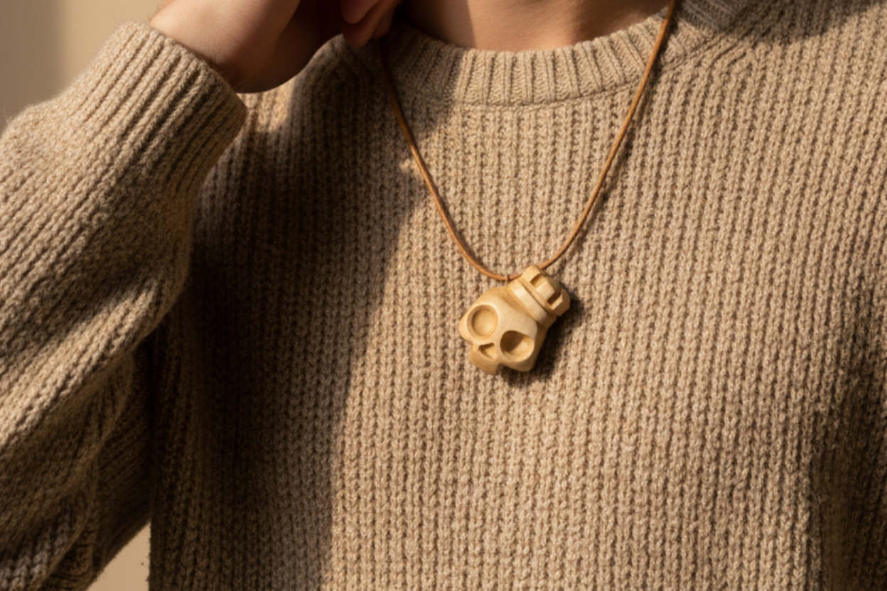 King Skull Pendant  — Silver Maple Wood