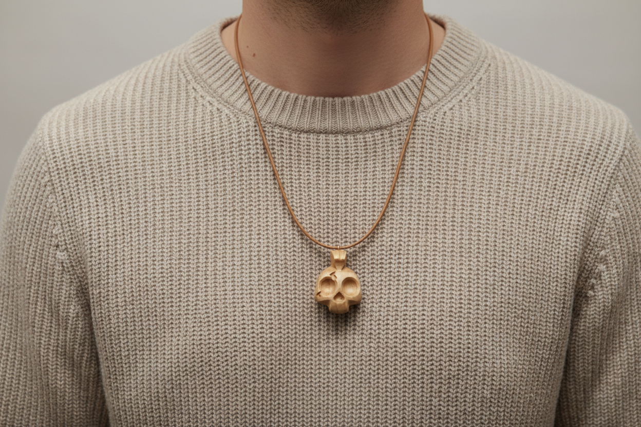 Punk Skull Pendant — Silver Maple Wood