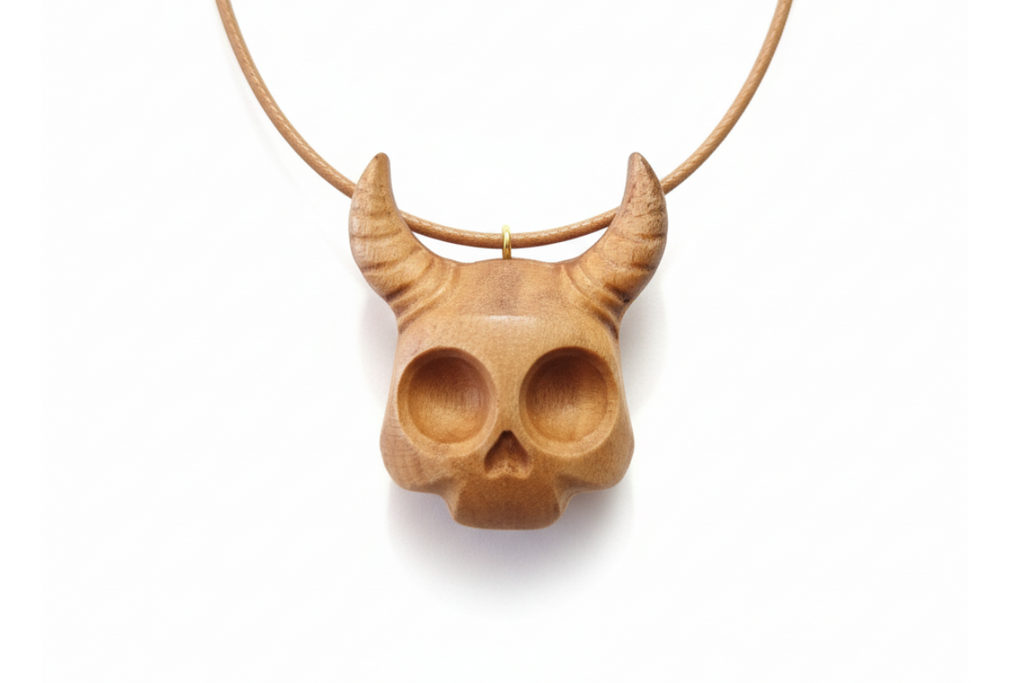 Horned Skull Pendant — Silver Maple Wood