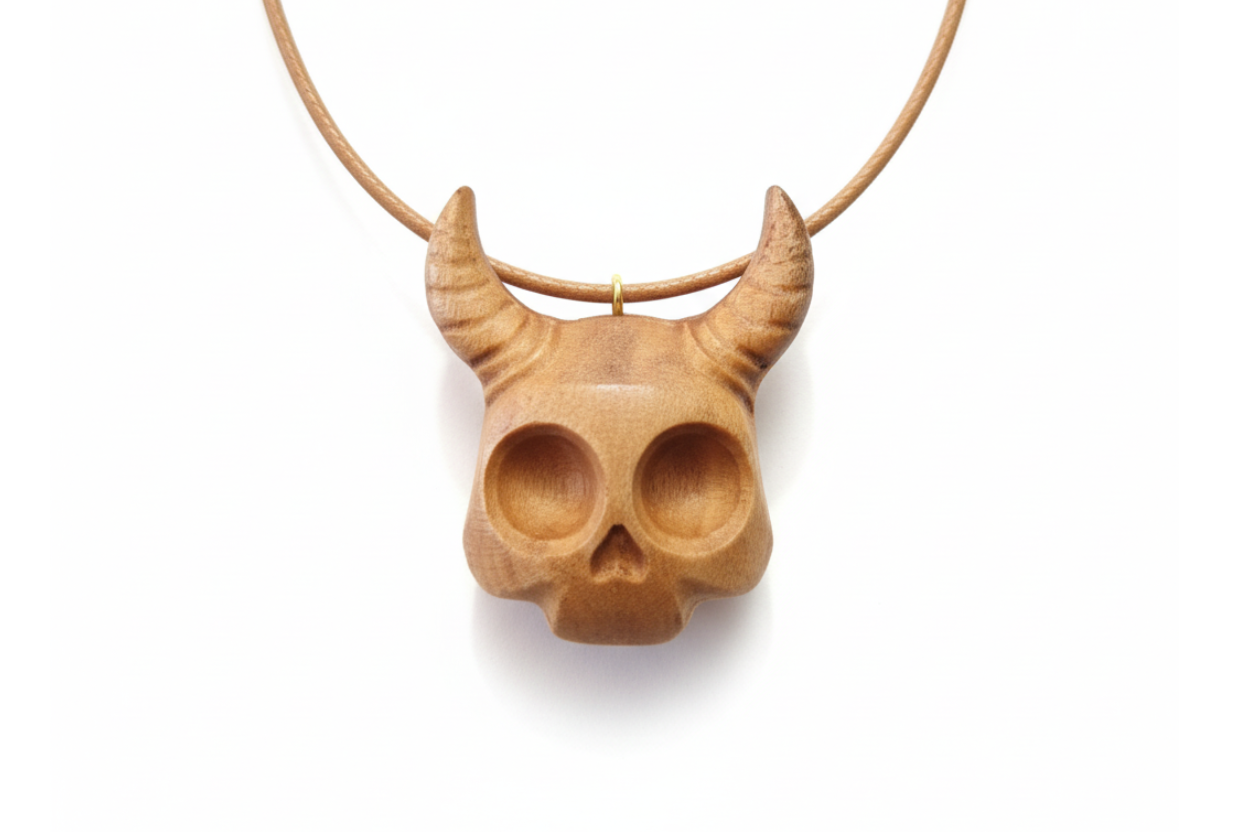 Horned Skull Pendant — Silver Maple Wood