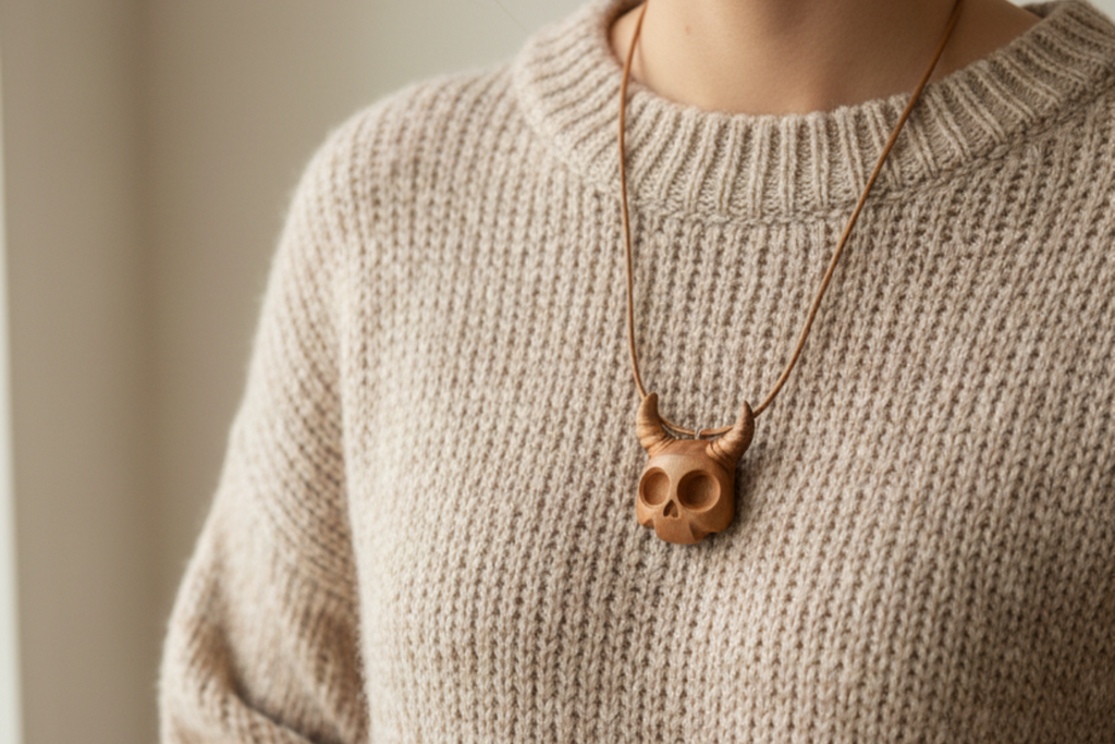 Horned Skull Pendant — Silver Maple Wood