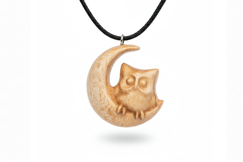 Moon Owl Pendant — Silver Maple Wood
