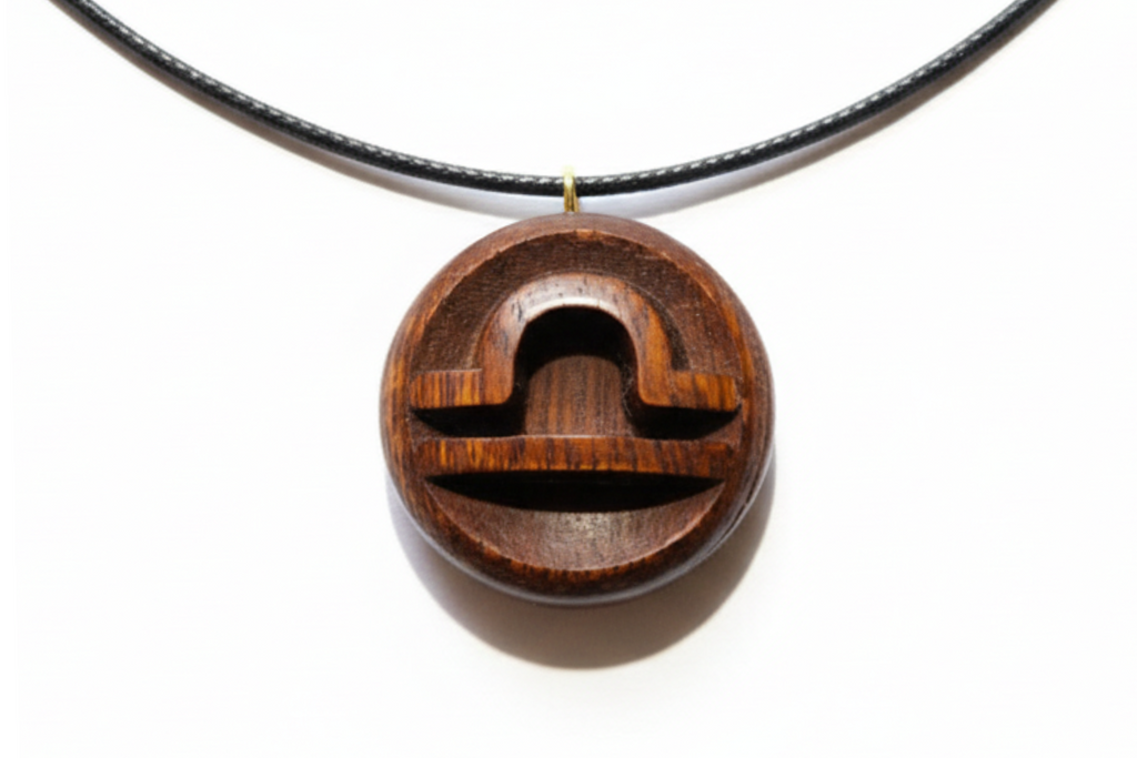 Wooden pendant with geometric design on a white background