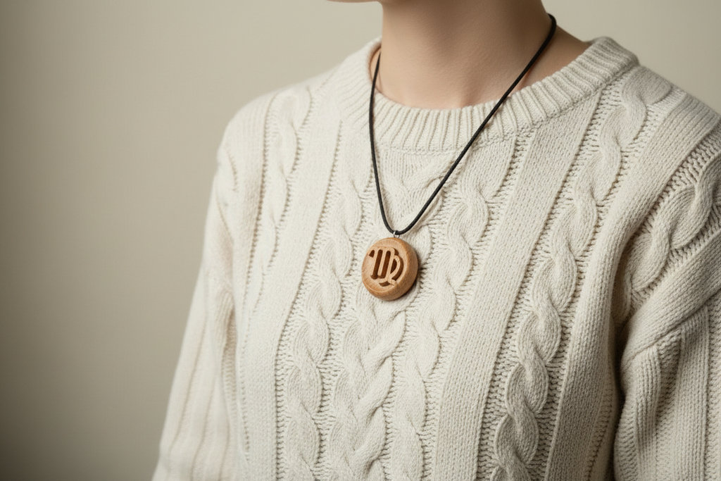 Virgo pendant in beech wood worn on model with cream sweater