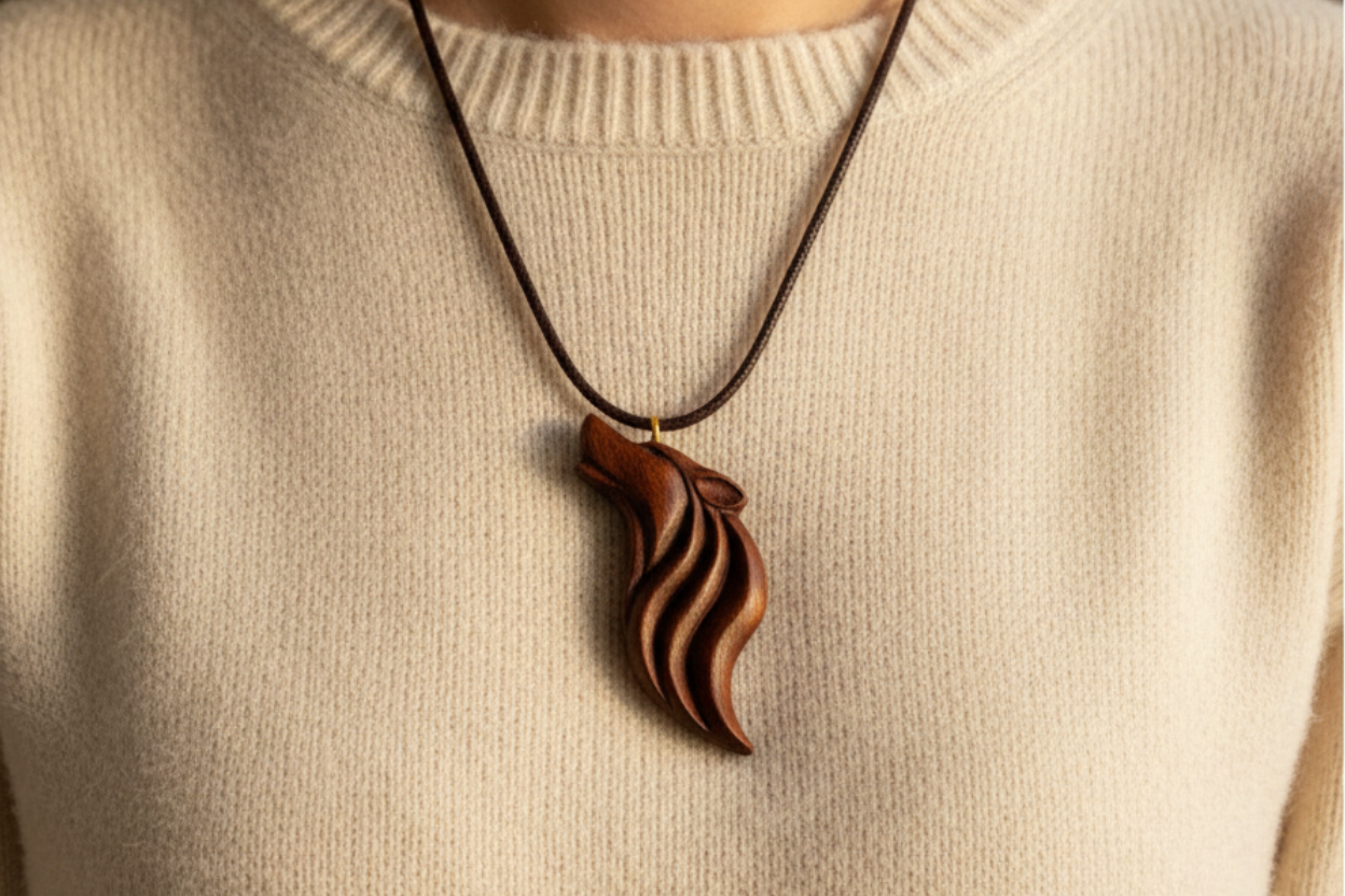 Wengé wolf talisman pendant worn on model with cream cashmere sweater