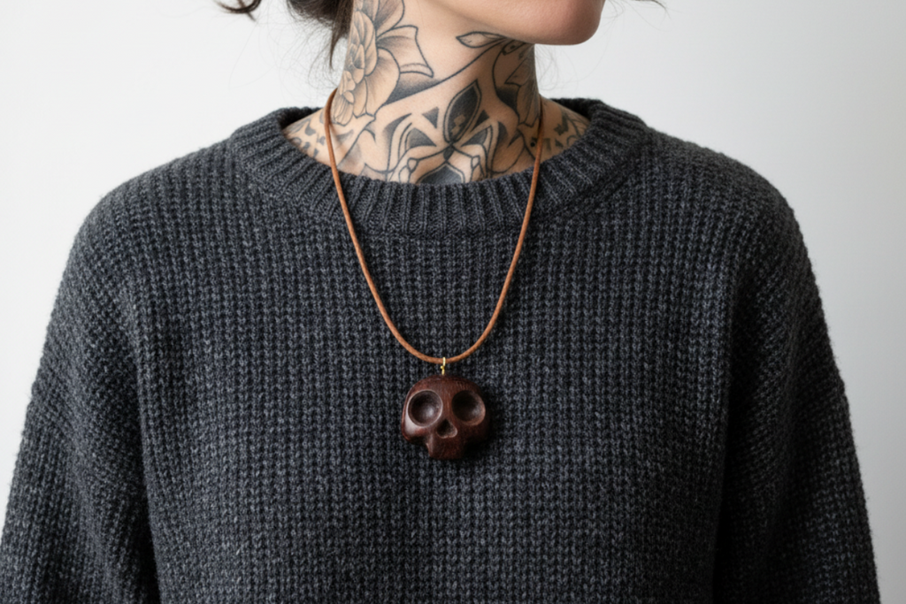 Wengé wood skull pendant worn by model in dark sweater showing size and styling