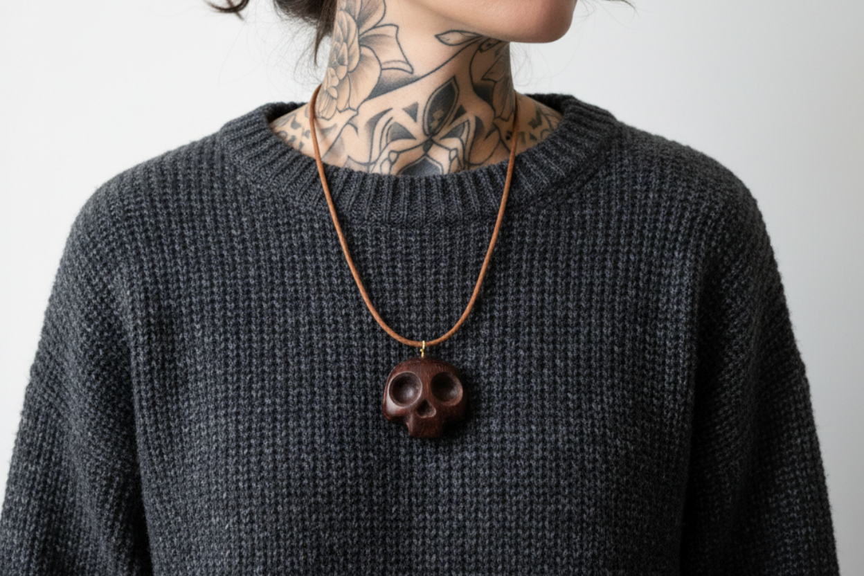 Wengé wood skull pendant worn by model in dark sweater showing size and styling