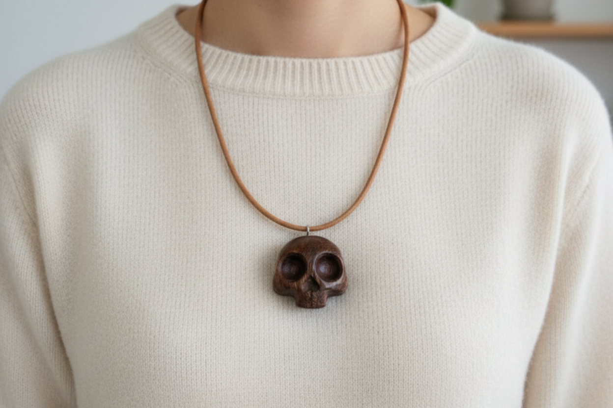 Wengé wooden skull pendant lying flat on cream cashmere sweater showing dark grain and leather cord